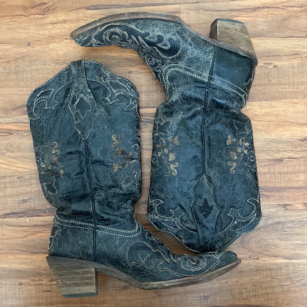 Corral Vintage Black Distressed Leather/Lizard Western Boots